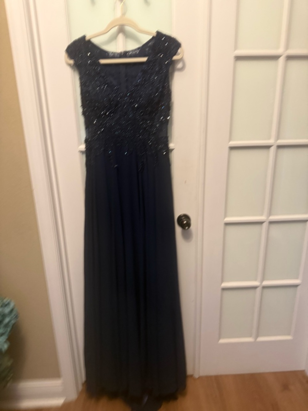 Mac Duggal Navy Beaded Chiffon Evening Gown